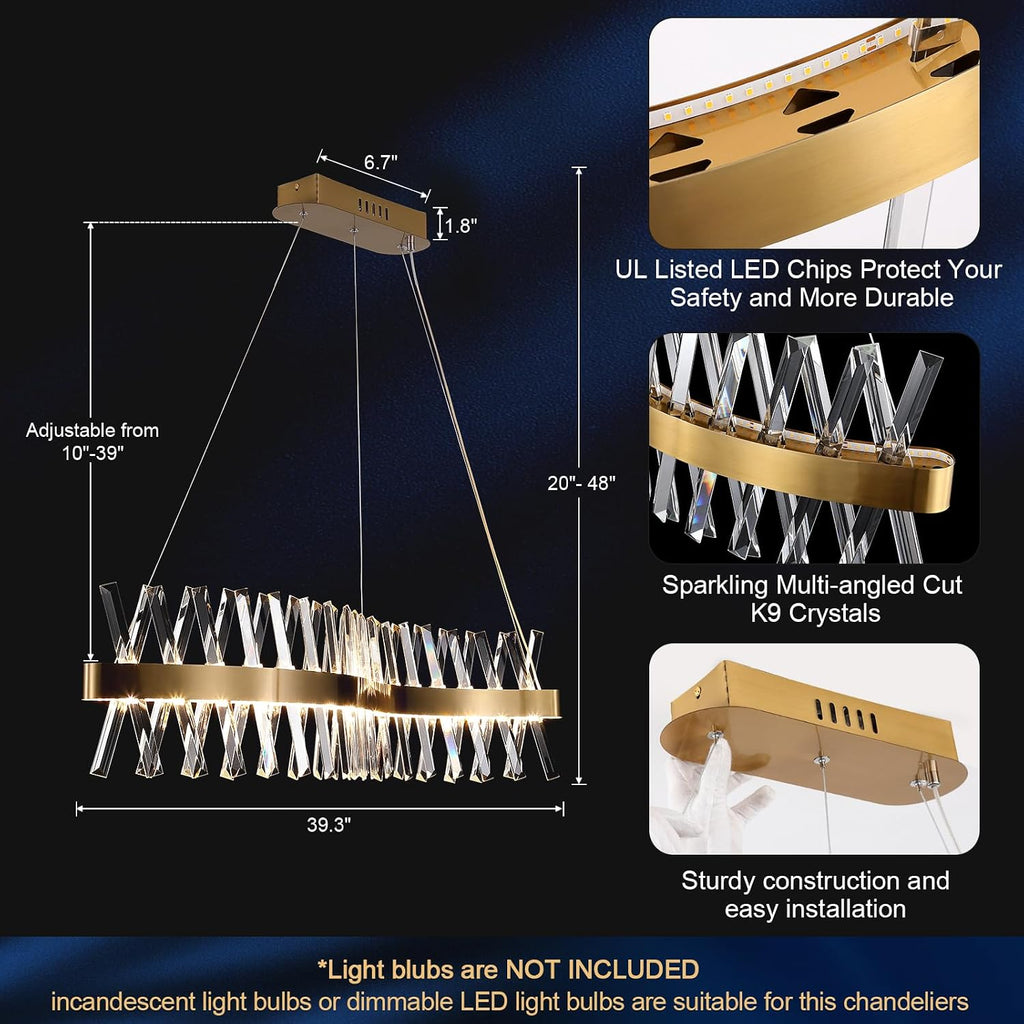 Gold Crystal Chandelier Modern LED Ceiling Pendant Light Fixture 40" Modern Linear Flush Mount Hanging Light for