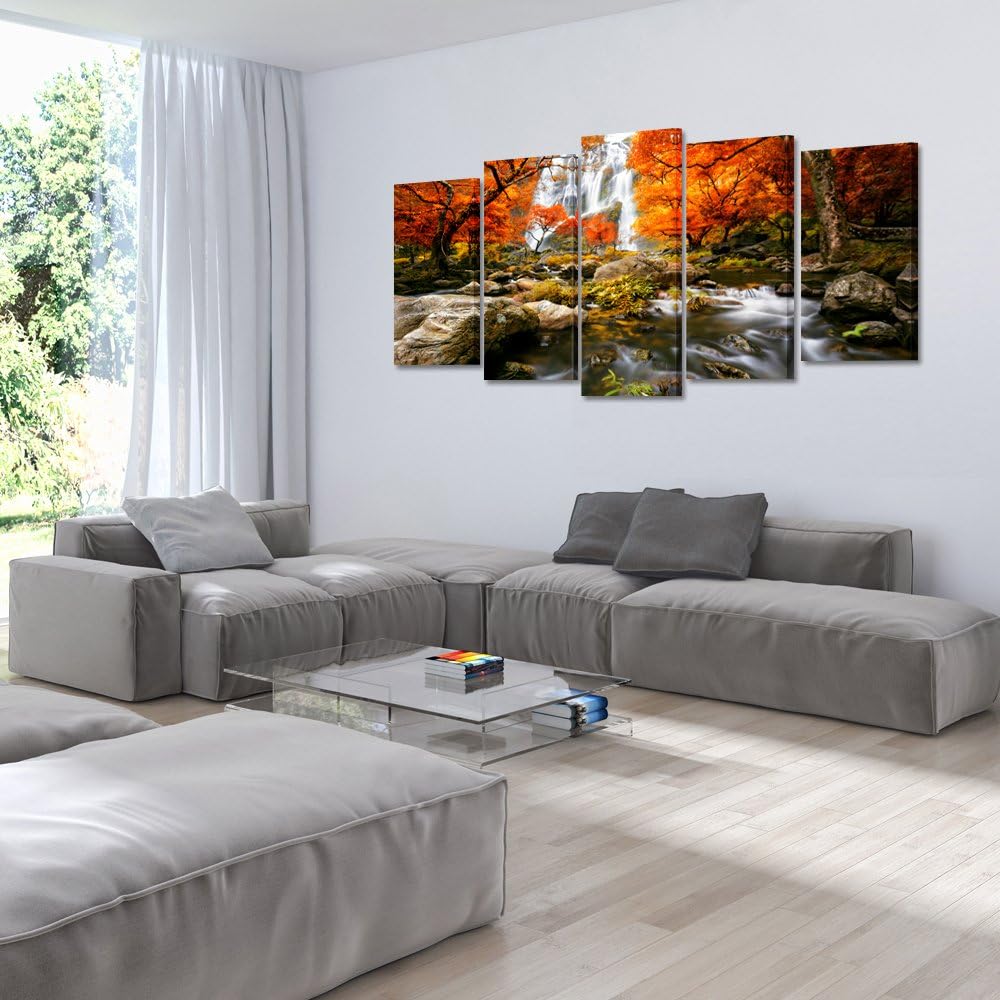 Autumn Forest Waterfalls 5 Piece Modern Wrapped Giclee Canvas Prints Artwork Landscape Tree Paintings Pictures on
