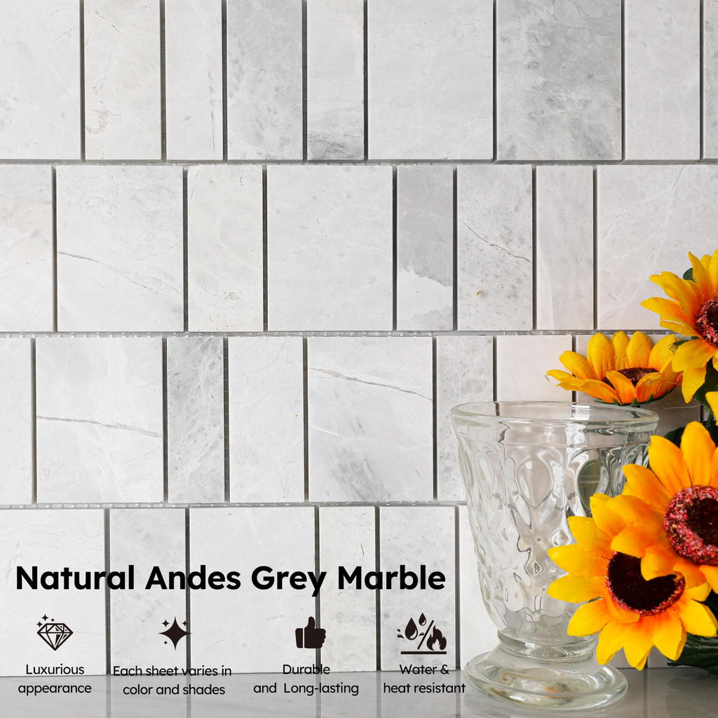 Andes Grey Marble Mosaic Tile, Offset Piano Pattern, Honed, Marble Backsplash Tiles Bathroom Wall Floor, Pack of 5