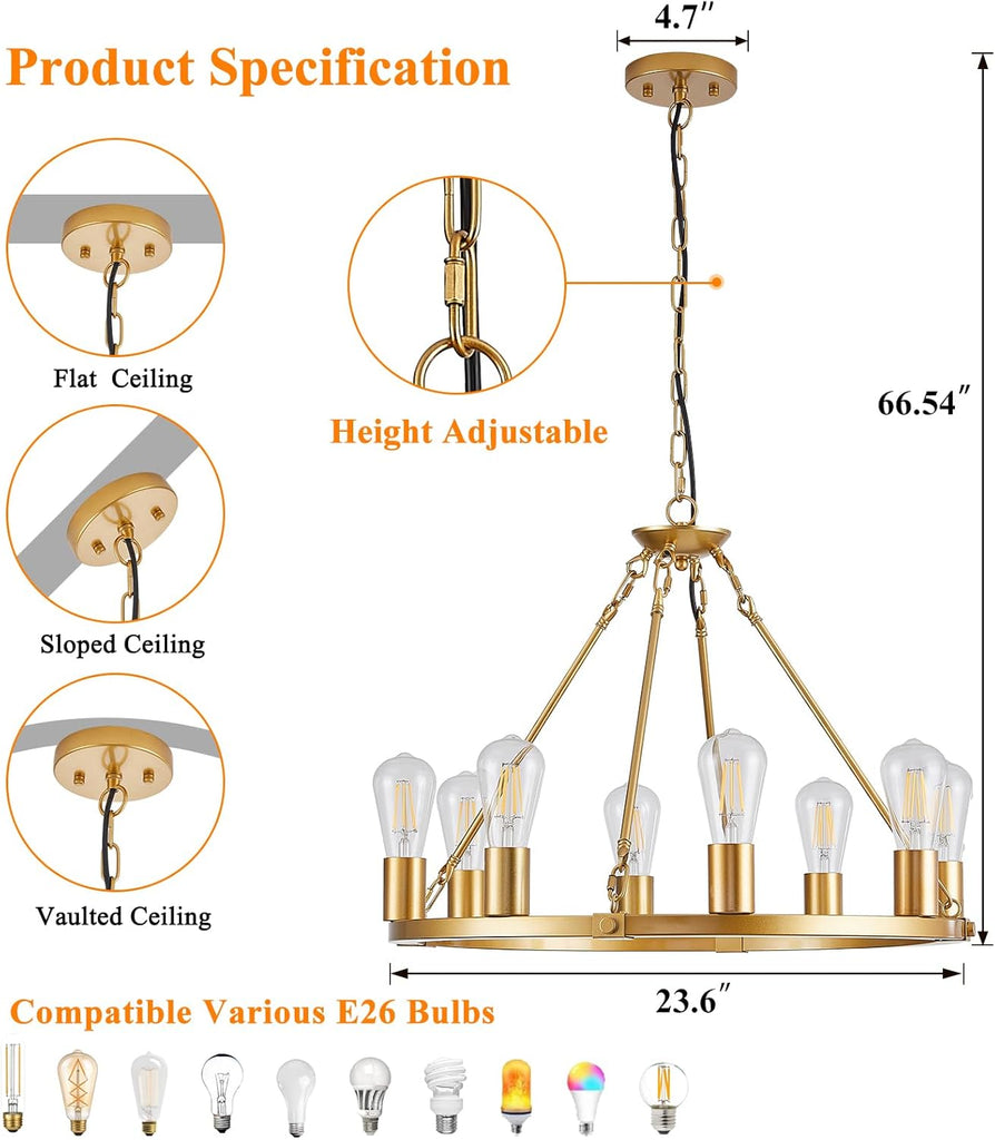 Inspired Camino Style Chandelier - Gold Wagon Wheel Chandelier, 8 Lights Dining Room Light Fixture,23.6" Golden Metal Kitchen Island Lighting Round Pendant Light Hanging Lamp for Foyer Living Room Entryway,Height Adjustable,E26