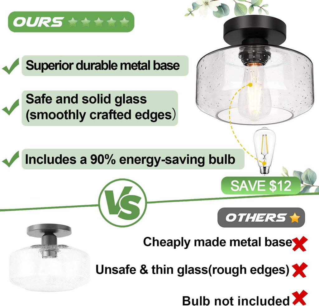 Industrial Semi Flush Mount Ceiling Light, 800 Lumen LED Bulb Included, Seeded Glass Shade Farmhouse Light Fixture