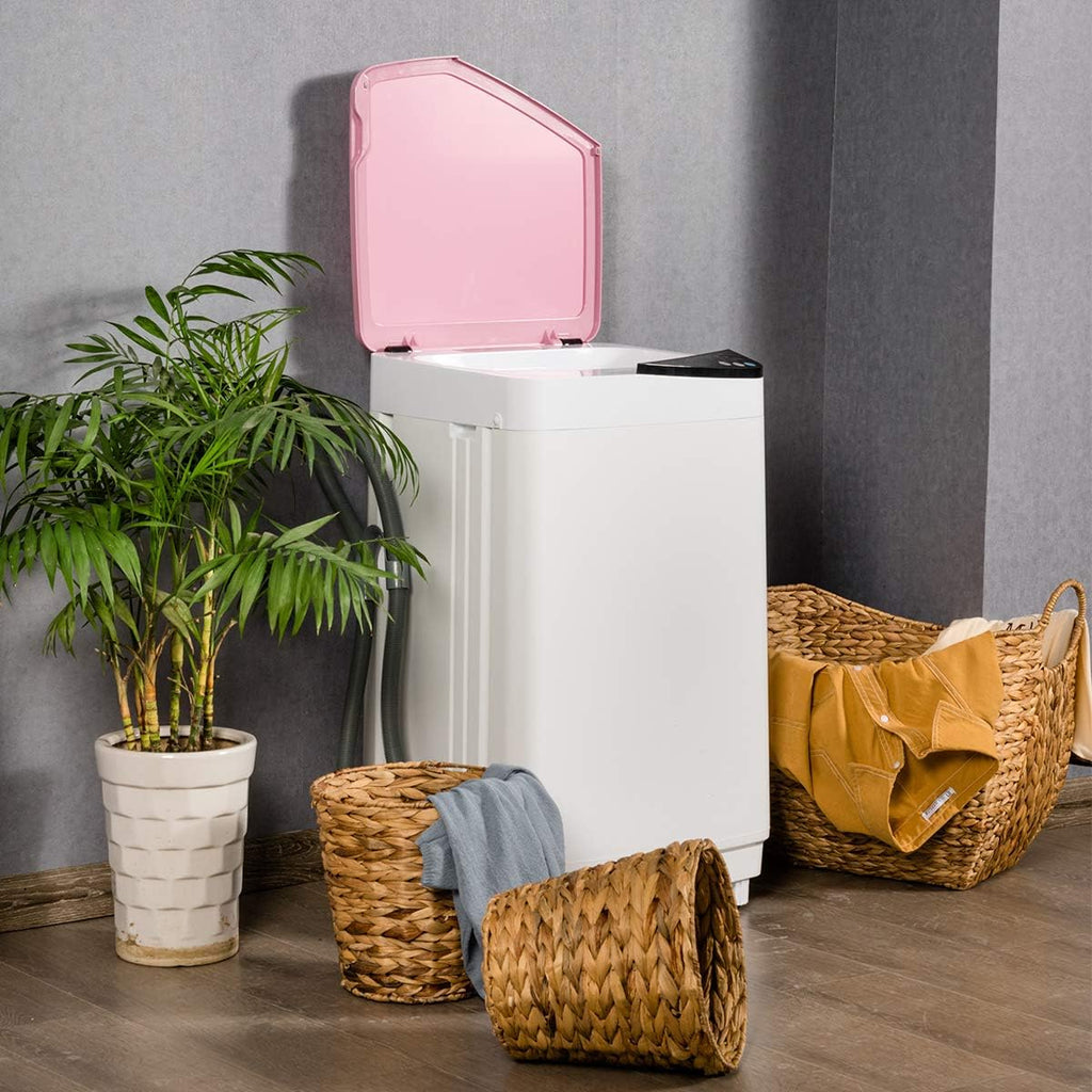 Full-Automatic Washing Machine Portable Washer and Spin Dryer 7.7 lbs Capacity Compact Laundry Washer with Built-in Barrel Light Drain Pump and Long Hose for Apartments Camping (White & Pink)