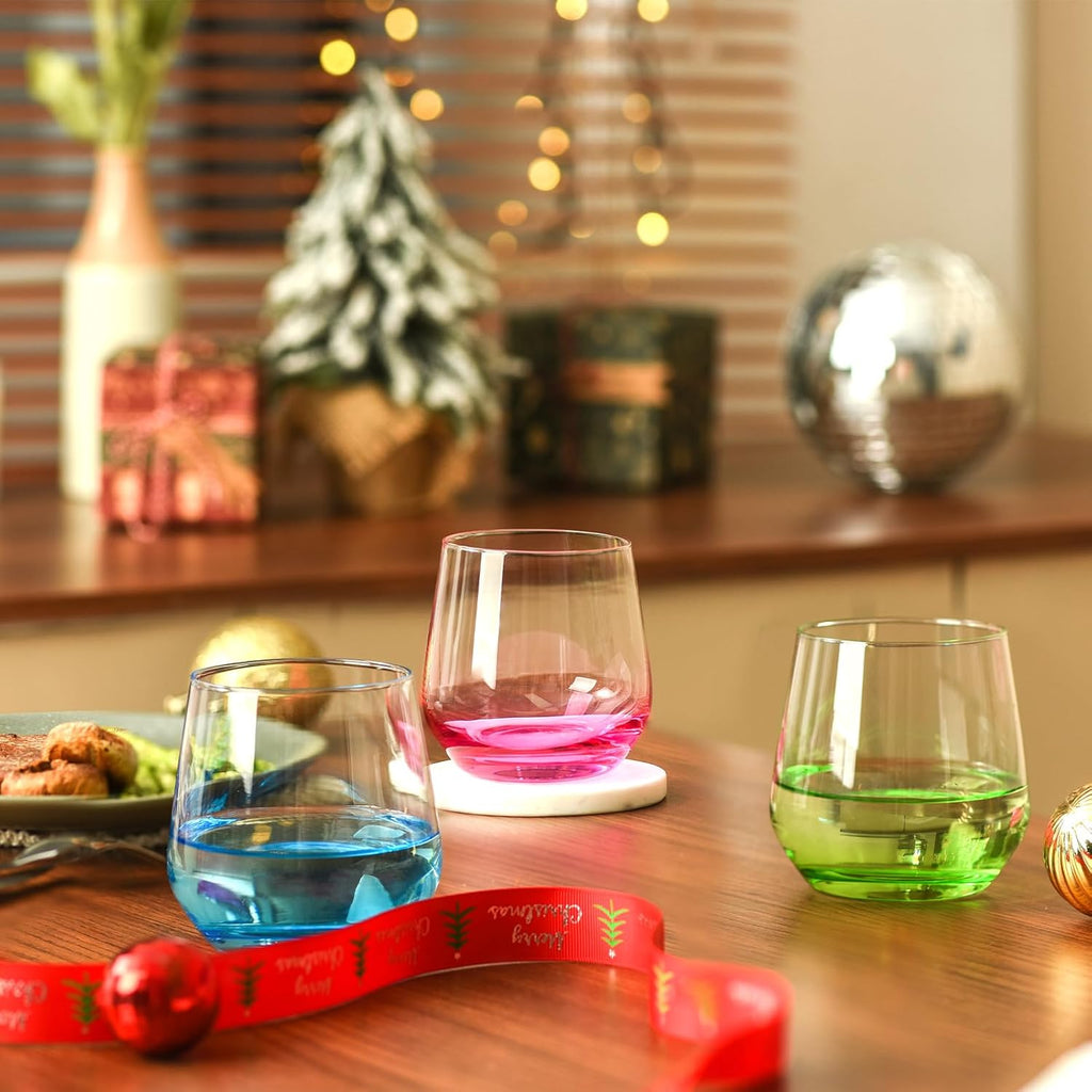 Stemless Wine Glasses Set of 6 - Hand Blown Colored Short Wine Tumblers - 15 oz Elegant Sparkling Wine Glass - Unique