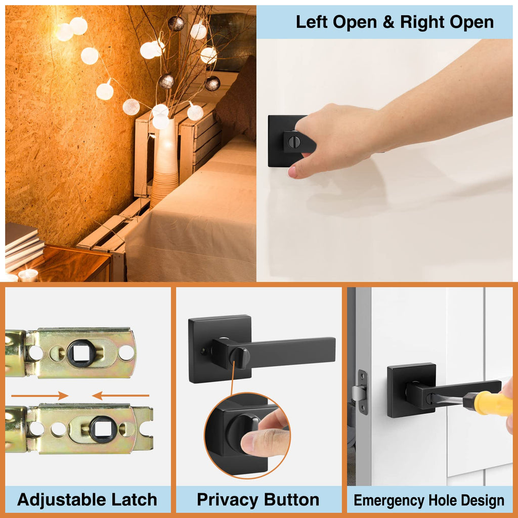 Black Door Handle Interior Knobs Keyless Levers Privacy Lock 6 Pack