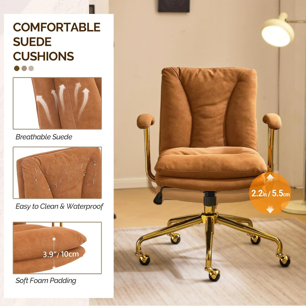 Home Office Desk Chair Comfy with wheels&Removable Armrests,Gold Base Vanity Chair with Back,Adjustable Rolling