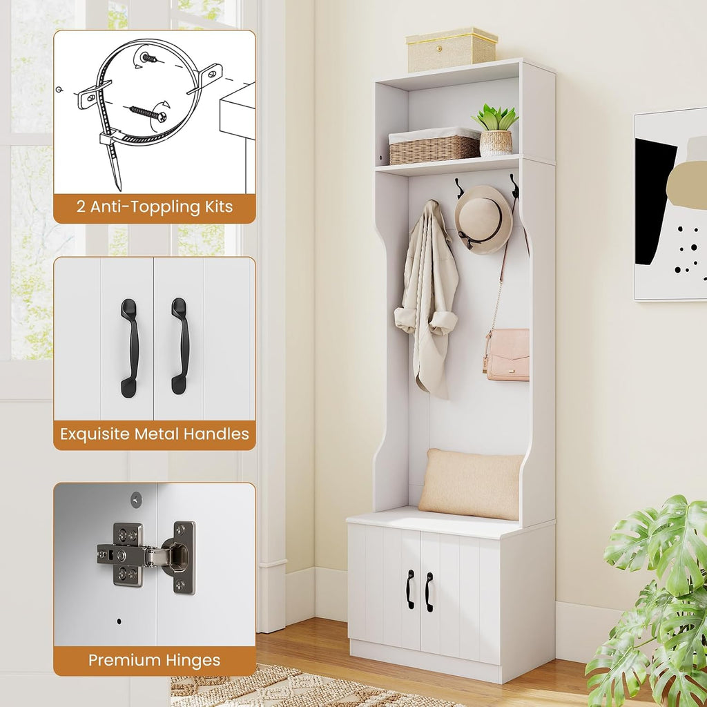 3-in-1 Hall Tree with Bench and Shoe Storage, 23.5" Tall Coat Rack with Adjustable Shelves, 4 Hanging Hooks, 2-Door