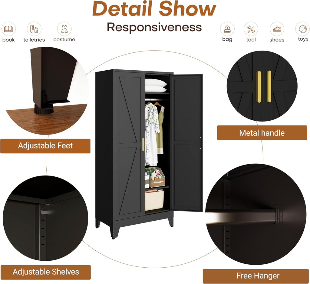71" Armoire Wardrobe Closet, Metal Wardrobe Closet with Hanging Rod | Wardrobe Closet with Doors, Wardrobe Cabinet