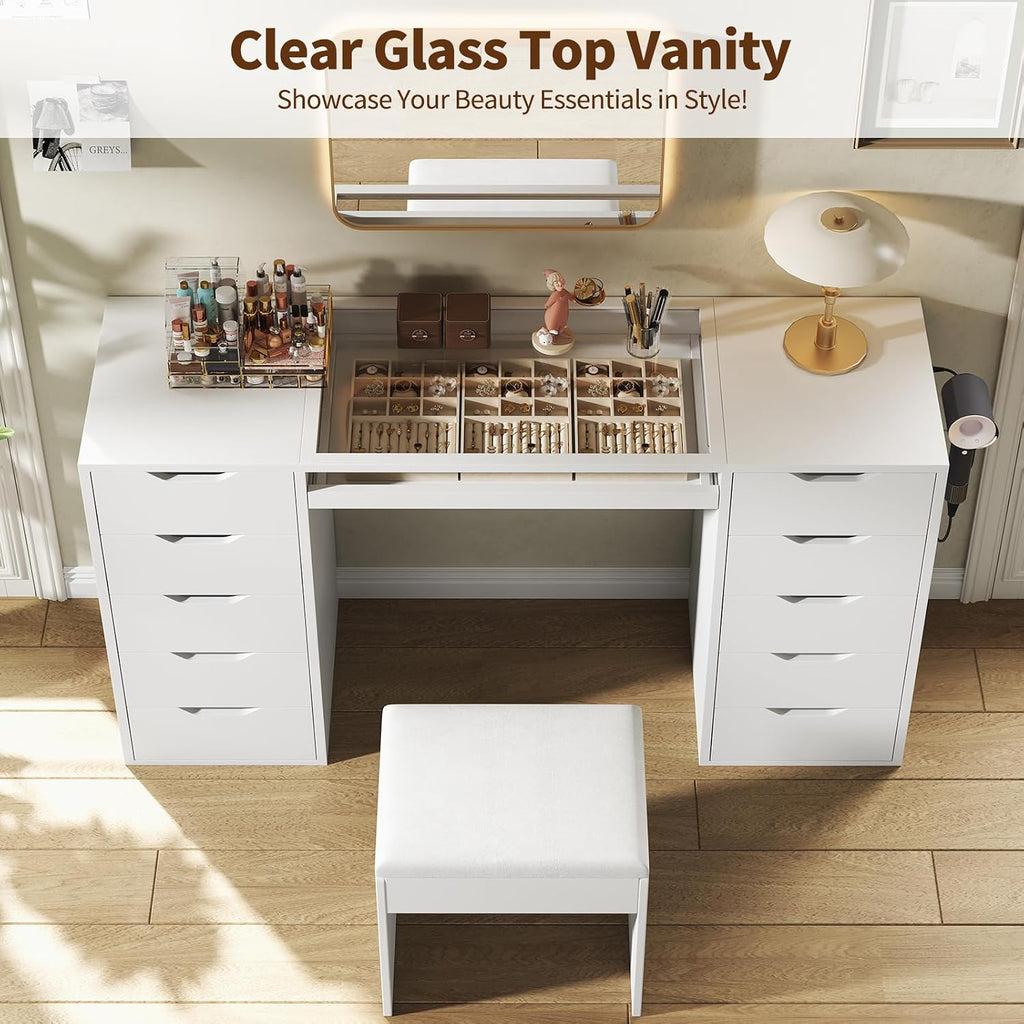 55" Vanity Desk Without Mirror, 10-Drawer Glass Top Makeup Vanity with Slide-Out Tray & Charging Station, Vanity Set