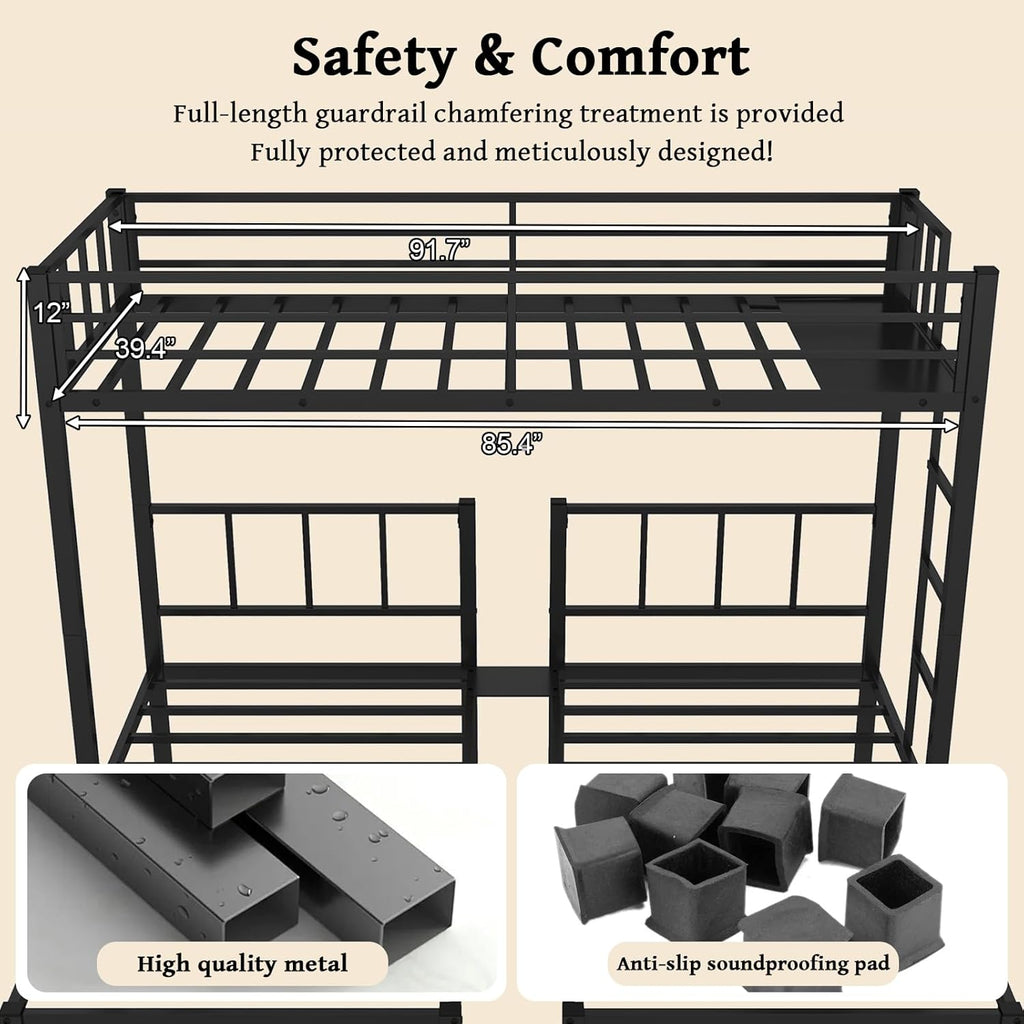 Heavy Duty Triple Bunk Bed for 3, Twin Over Twin Over Twins with Guardrails and Ladder, Metal Bunk Bed