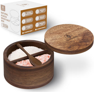 Salt Cellar with Lid & Spoon, Acacia Wood Salt Container, Salt Holder