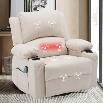 Leather Swivel Rocker Recliner Massage Nursery Rocking Glider Chair, White | Wide Seat, Overstuffed, Cup Holders