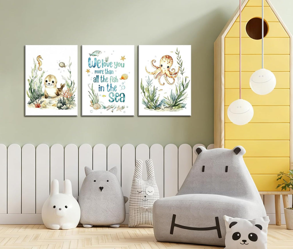 Framed Ocean Nursery Canvas Wall Art, Cute Sea Animals with Quote, Set of 3, 12x16 Inch, Kids Room Decor