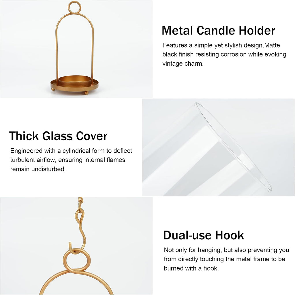 Glass Hurricane Candle Holder Decorative Gold Candle Lantern, Pillar Candlestick Holders Set of 2, Hanging Metal