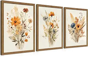 Vintage Wildflower Framed Canvas Wall Art Set of 3 - Rustic Botanical Floral Pictures Prints Bedroom Bathroom, Retro