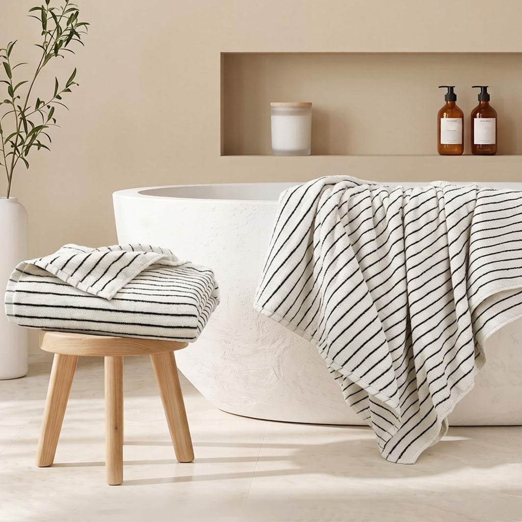 & Cream Striped Bath Sheets Set of 2, Extra Large Bath Towels | Cotton Bath Towel Oversized , Beach & Pool, 35" x 70"
