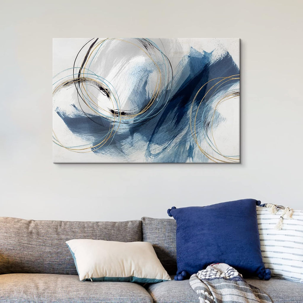 Indigo Blue and Gold Wall Decor Abstract Wall Art Paintings Gray Canvas Pictures Fantasy Graffiti Framed Artwork