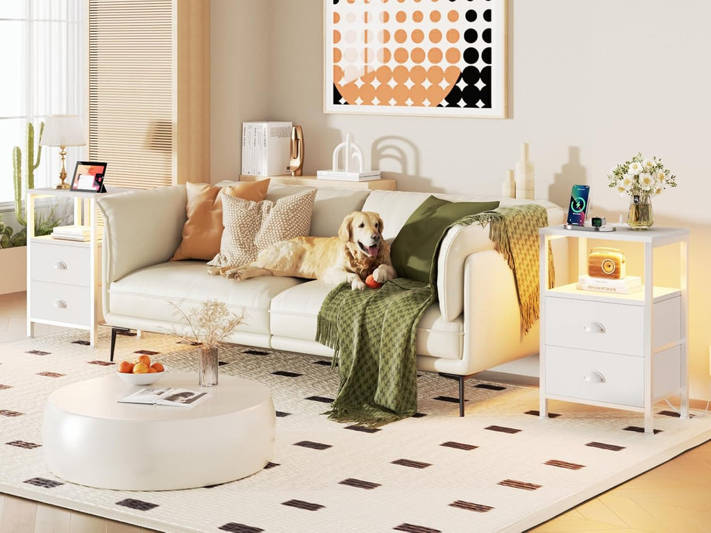 Nightstands Set of 2, End Tables Set of 2 with Charging Station and LED Lights, White Night Stands with 2 Fabric