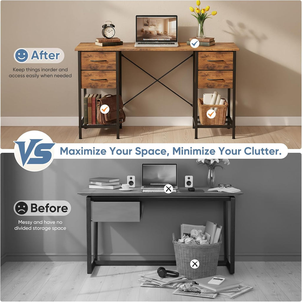 Computer Desk 55 Inch with 4 Drawers Home Office Table with Mesh Shelf for Work Study Writing Gaming Storage Furniture