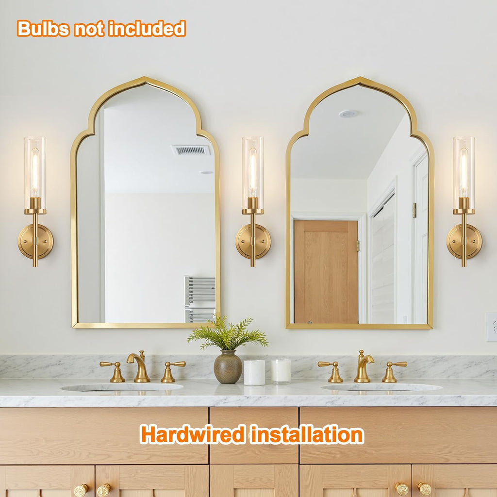 [Hardwired] Wall Sconces Set of Two, Brushed Gold Bathroom Sconces with Clear Glass, Modern Wall Light Fixtures for Bathroom Mirror Vanity, Living Room, Bedroom, Hallway, Stairway, Cabinet, Foyer