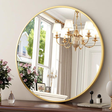 30 Inch Round Mirror - Circle Mirrors Wall Decor, Modern Hanging Vanity Mirror, Matte Gold Circle Decorative Wall Mirror