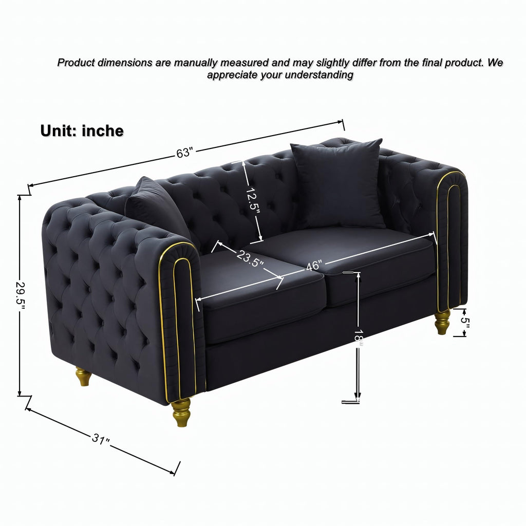 149" Modern Chesterfield Sofa, Luxury 3-Seater Loveseat Set Couch with Button Tufted Rolled Arms and Gold Pine Legs
