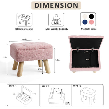 Storage Ottoman, Small Foot Stool Ottoman with Storage, Boucle Teddy Velvet Foot Rest with Padded Seat, Sturdy Wood