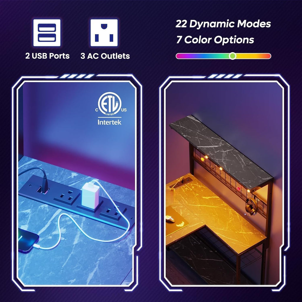 42 L Shaped Gaming Desk, Computer Desk with Power Outlets & LED Light, Reversible Corner Desk with Shelves