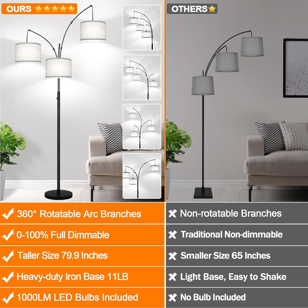 Dimmable Floor Lamp, 3 Lights Black Arc Floor Lamp, Modern Tall Standing Tree Lamp with Grey Linen Shades & Heavy Base