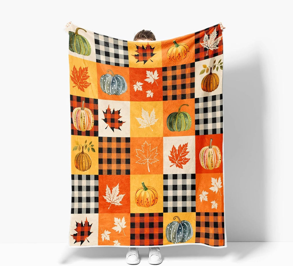 Fall Pumpkin Buffalo Plaid Throw Blanket, 60"x70" Autumn Maple Leaf Patchwork Soft Fleece Blanket for Sofa Couch Home
