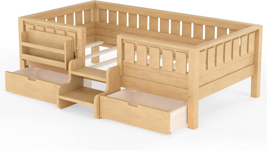 Twin Floor Bed with Stairs, Rails and Slats, Twin Size Montessori Floor Bed with Bookshelf and 2 Storage Drawers
