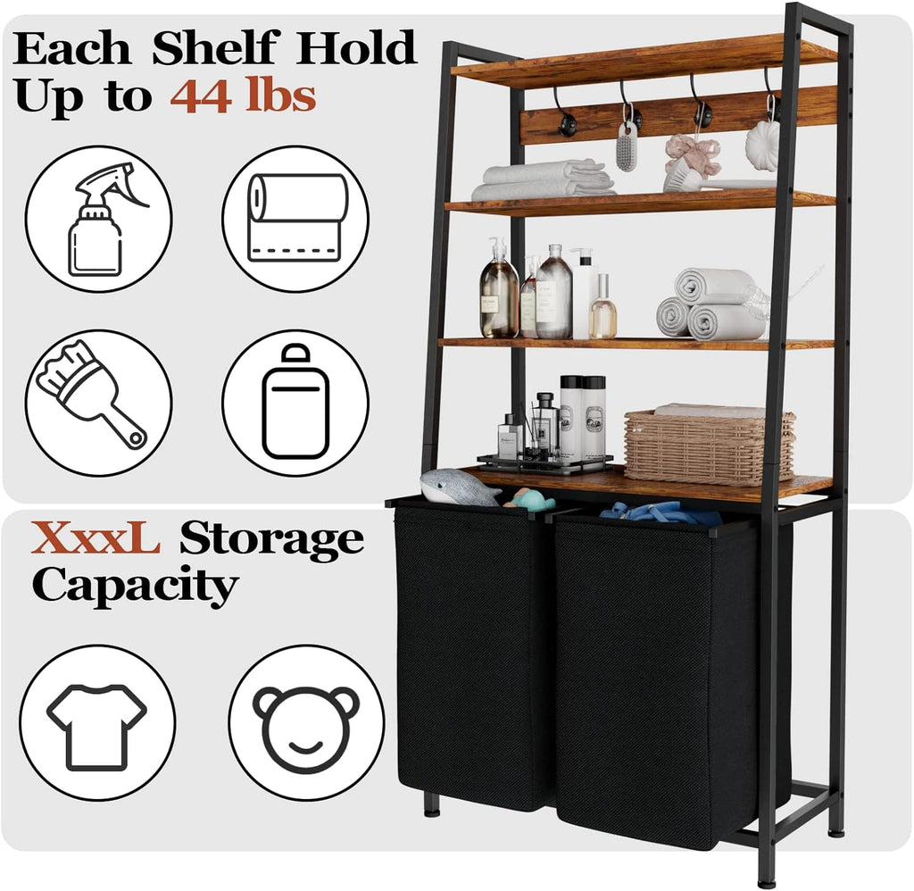Laundry Hamper with Shelf, Tall Laundry Basket Clothes Hampers | 4 Tiers Storage Shelf and Hooks, Double Clothes
