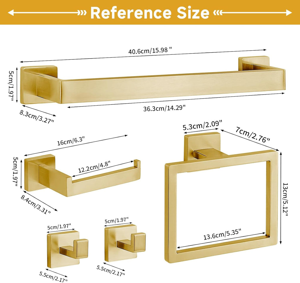5-Piece Brushed Gold Bathroom Accessory Set, 16 Inch Bathroom Hardware Set, Towel Racks , SUS304 Stainless Steel Wall