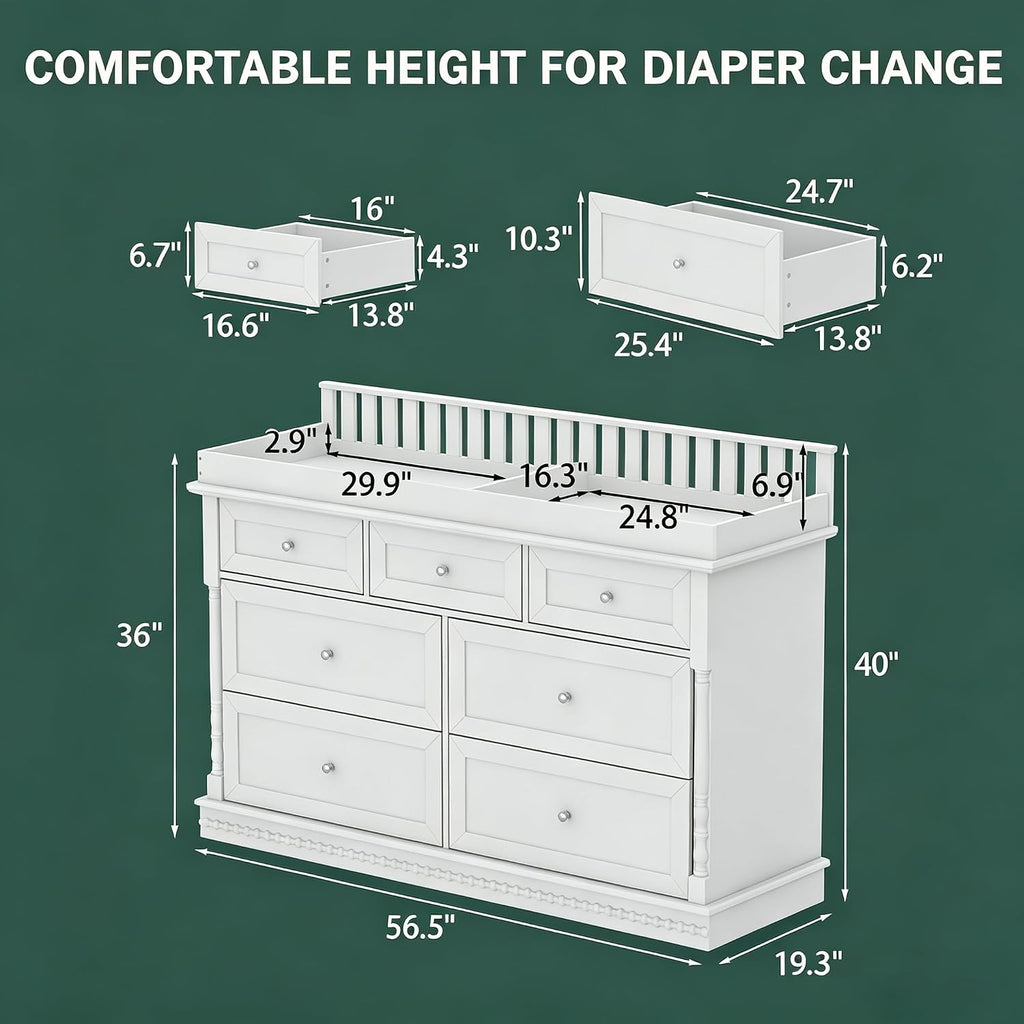 56.5" Baby Changing Table with 7 Storage Drawers, White Nursery Dresser with Removable Changing Top, Large