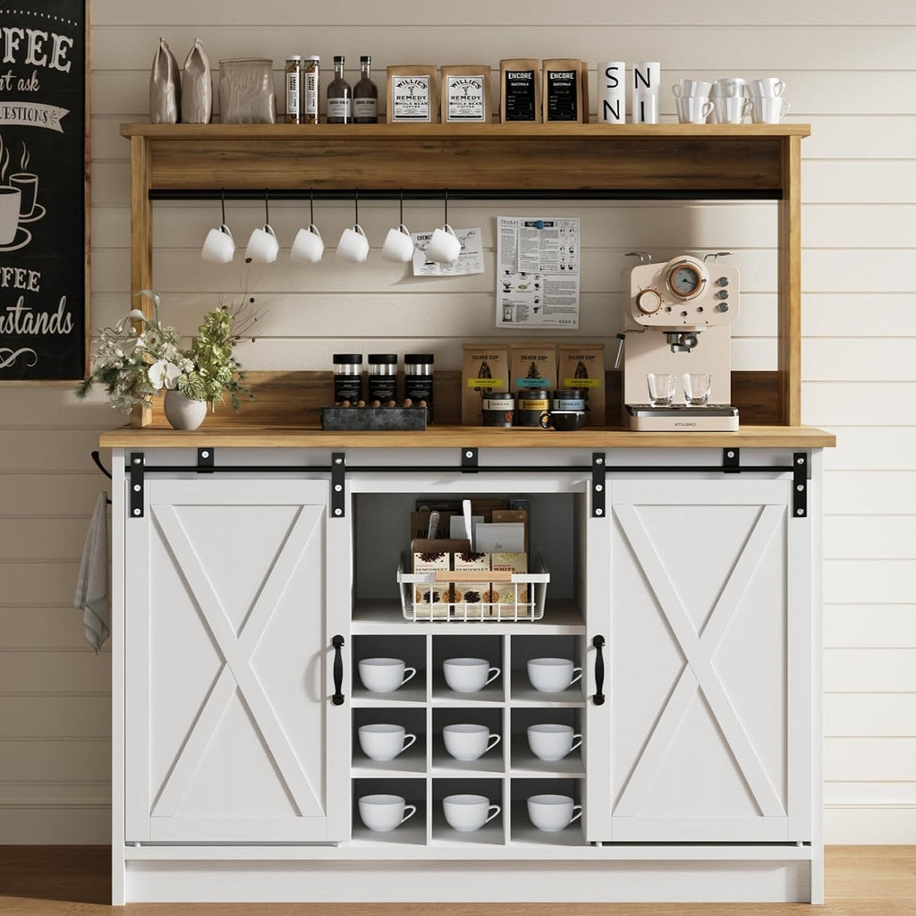 Farmhouse Coffee Bar Cabinet with Storage, 47'' Buffet Cabinet with Hutch and Sliding Barn Door