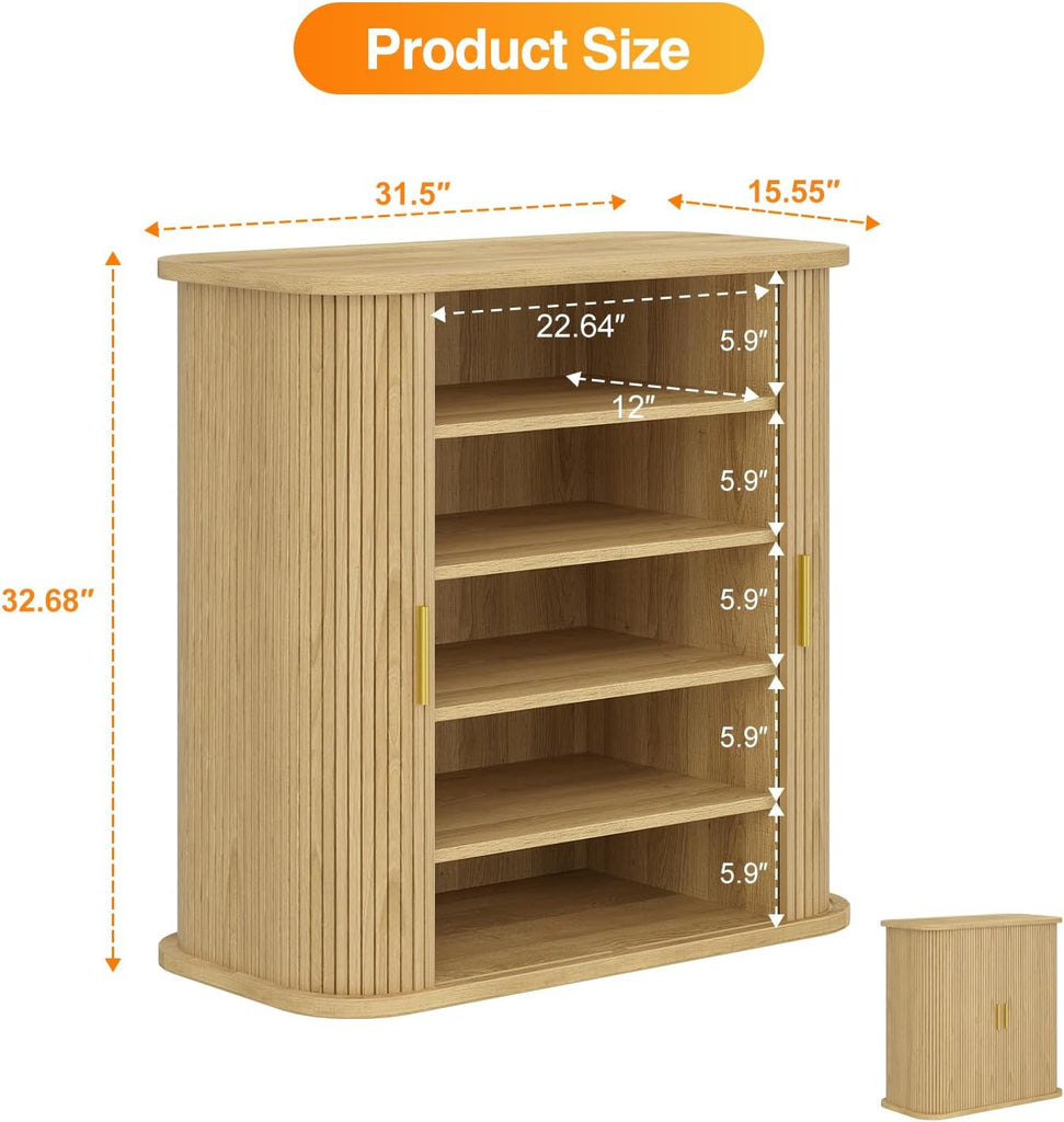 5-Tier Sliding Door Shoe Cabinet, Adjustable Shelves Wooden Shoe Storage with Gold Handle, Mid-Century Modern
