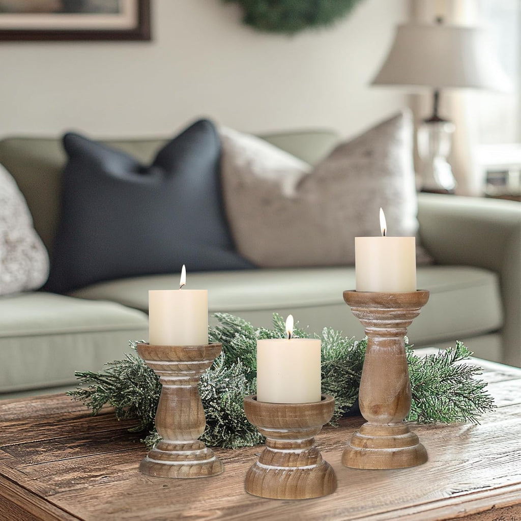 Candle Holder for Pillar Candle Set of 3, Farmhouse Wood Candle Holder, Rustic Wooden Candle Stand, Vintage Small