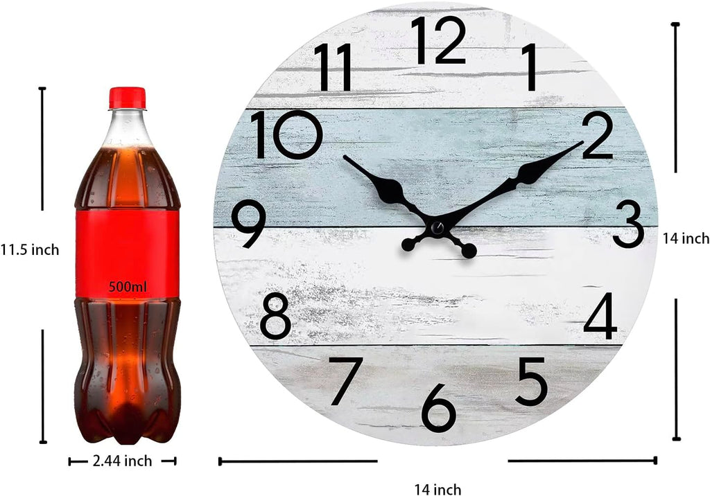 Wall Clock Silent Non-Ticking 14 Inch Battery Operated Country Large Retro Rustic and Beach Style Decorative for Living Room, Kitchen, Home,Bathroom, Office (Blue)