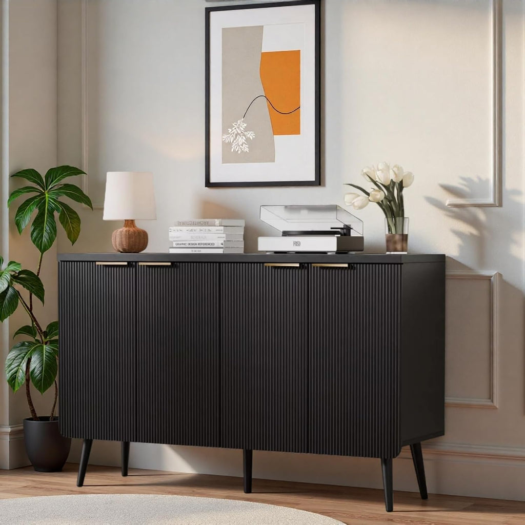 47.2" Modern Fluted Sideboard Cabinet with 4 Doors, Wood Storage Credenza with Shelves