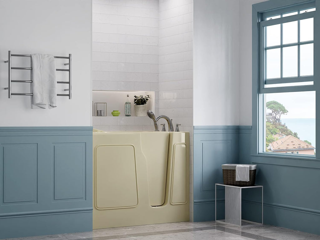 Walk In Tub 46'' x 26" in Biscuit Color, Therapeutic ADA Compliant Tub, Slip-Resistant with a Safe Reach Grab, Quick