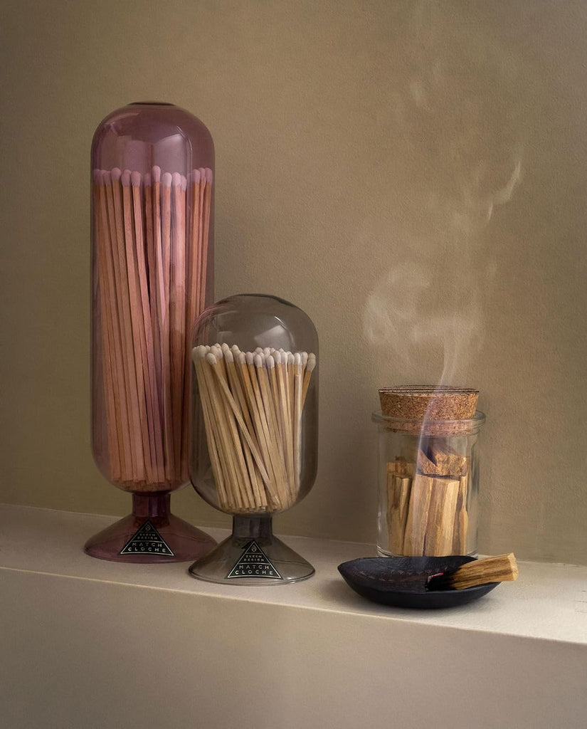 Glass Match Cloche with Striker - Smoke - Includes 120 Small Match Sticks - Perfect Fireplace Decor, Decorative
