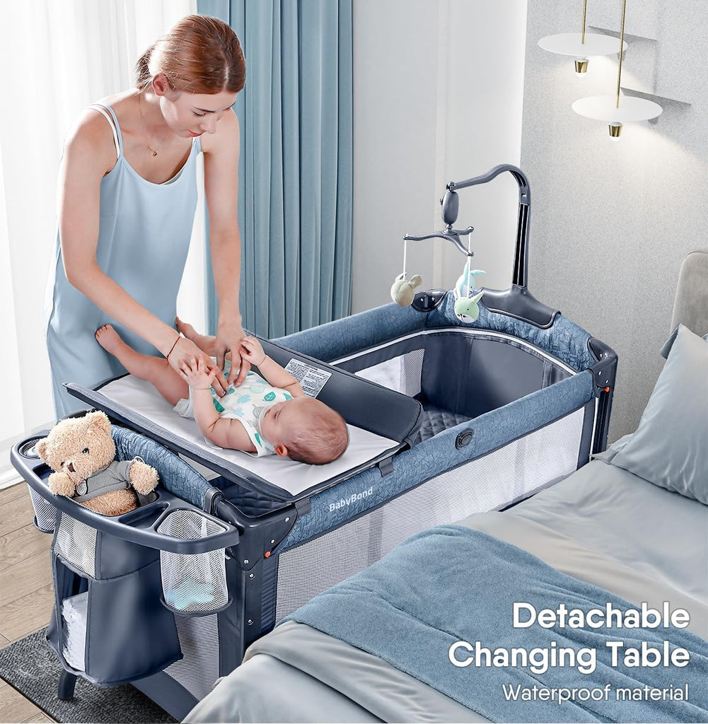 Baby Bassinet Bedside Crib, Pack and Play, Diaper Changing Table | Portable Large Playard, Music Mobile, with