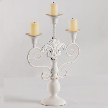 Pillar Candle Stand 3 Arm Candelabra Iron White Candle Holders Centerpiece, Rustic Classy Candlestick Holder 15 Inch