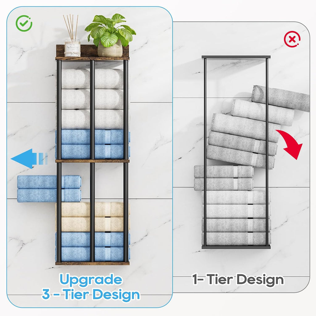 Towel Racks Wall Mounted with Wooden Storage Shelf | Updated 3 Bar Metal Towel Holder for Rolled Towels, Sturdy and