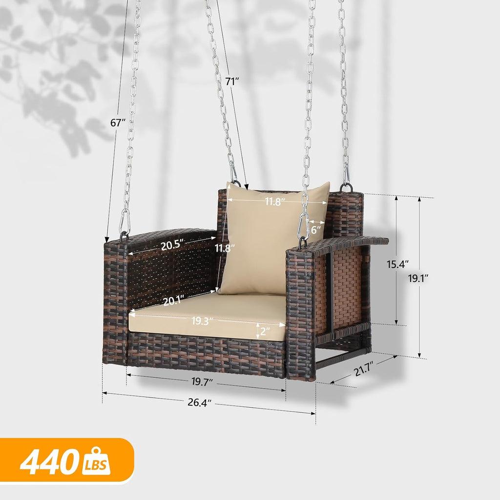 2.2FT Rattan Swing Bench, Outdoor Wicker Hanging Porch Swing (Brown) | 1 Person Patio Bench Swings, Adult Swing for