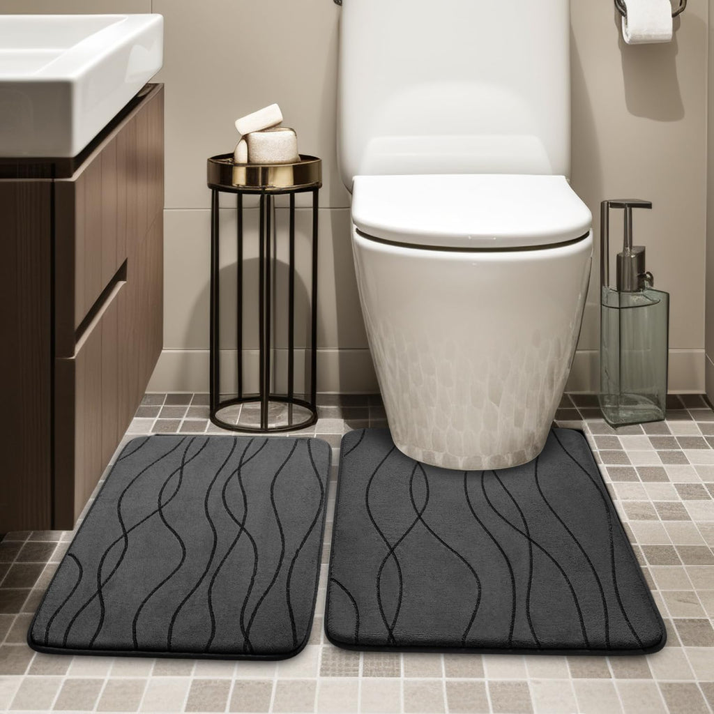 Bathroom Rugs Set 2 Piece, Memory Foam Bath Mat Dark Grey | U Shaped+Small Mat, Ultra Soft, Absorbent, Non-Slip