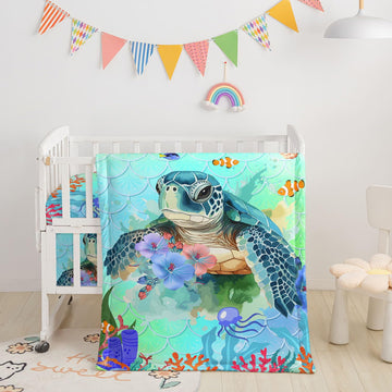 Crib Bedding Set,3pcs Nursery Cartoon Turtle Ocean Printed Crib Bedding Set,with Comforter Sheet & Skirt for Baby