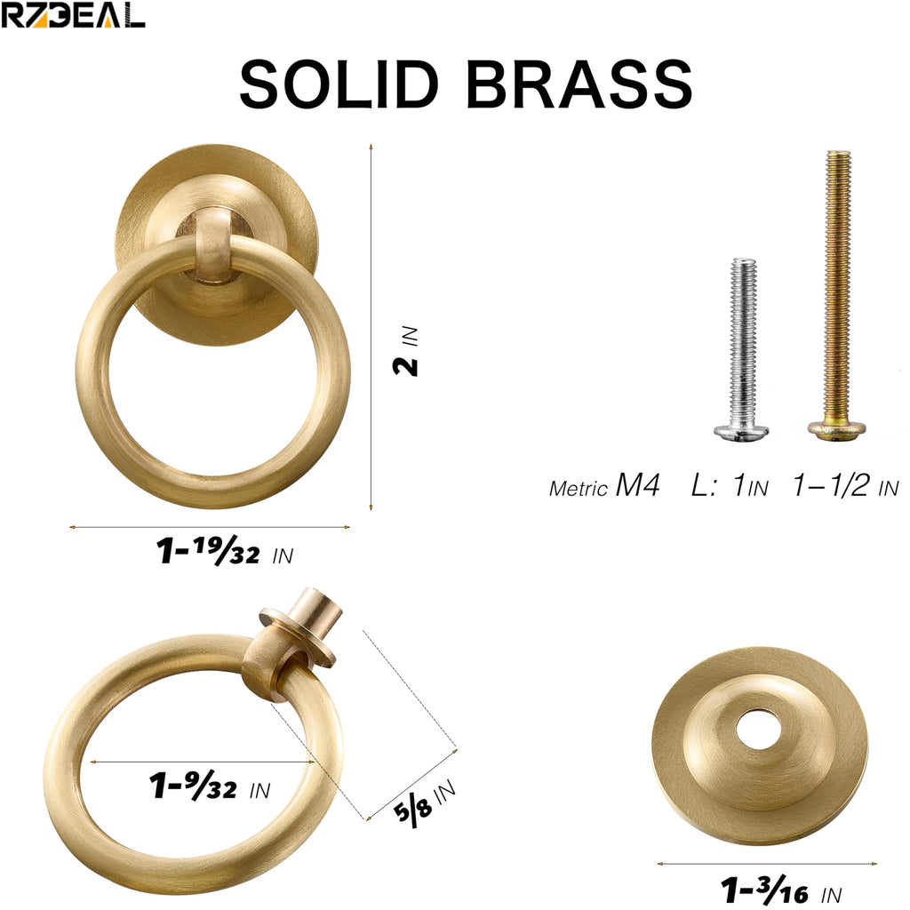 4 Pack Solid Brass Cabinet Pulls Ring Drawer Pulls, Gold Kitchen Cabinet Handles Brass Brushed Drawer Handles
