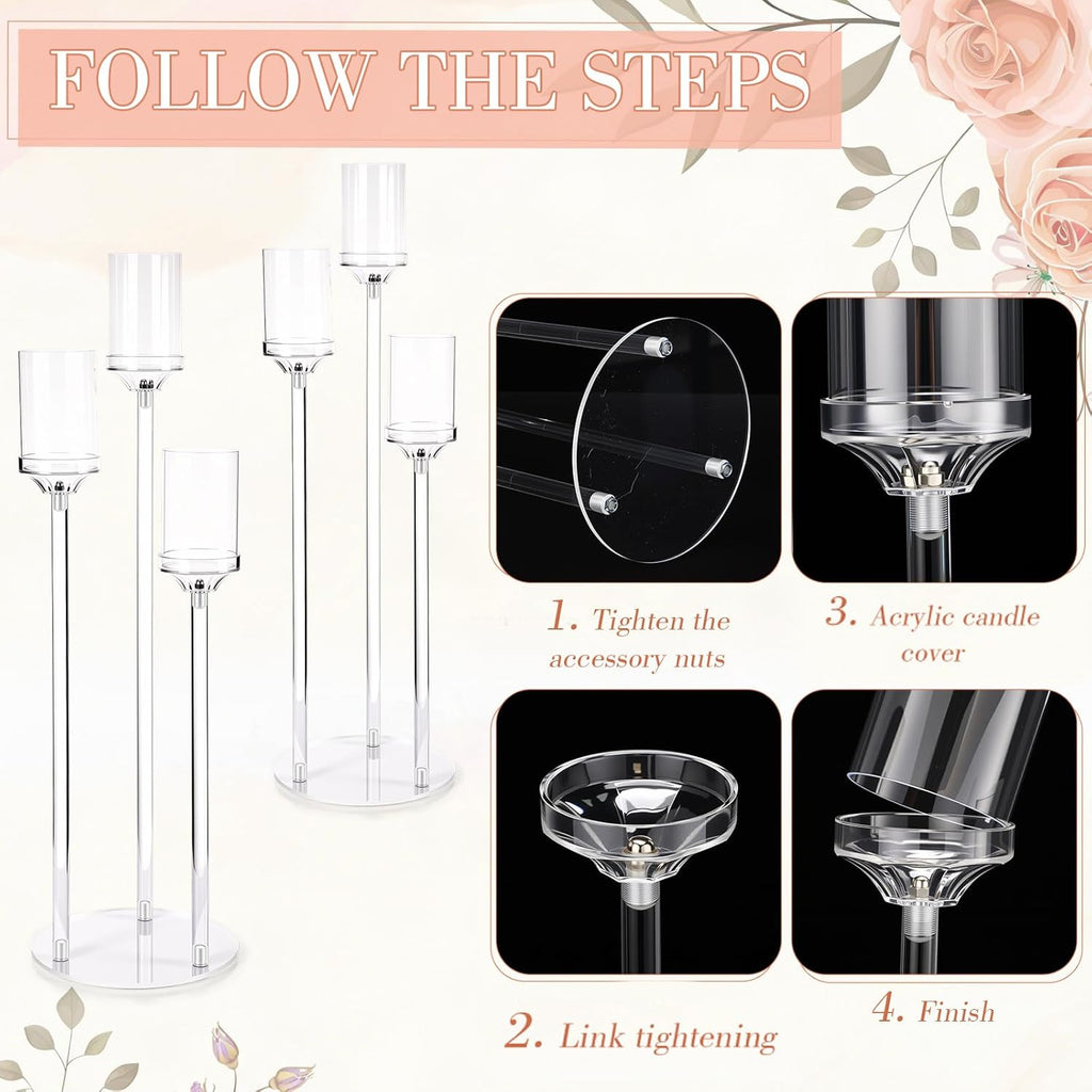 2 Pcs 3 Arms Acrylic Candelabras with Lampshade Set 30 Inch Wedding Table Candelabra Centerpieces Clear Candle Holder