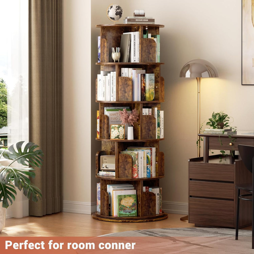 Rotating Bookshelf Tower, 5 Tier Spinning Bookcase, Revolving 360 Book Shelf Narrow Tall Bookcase