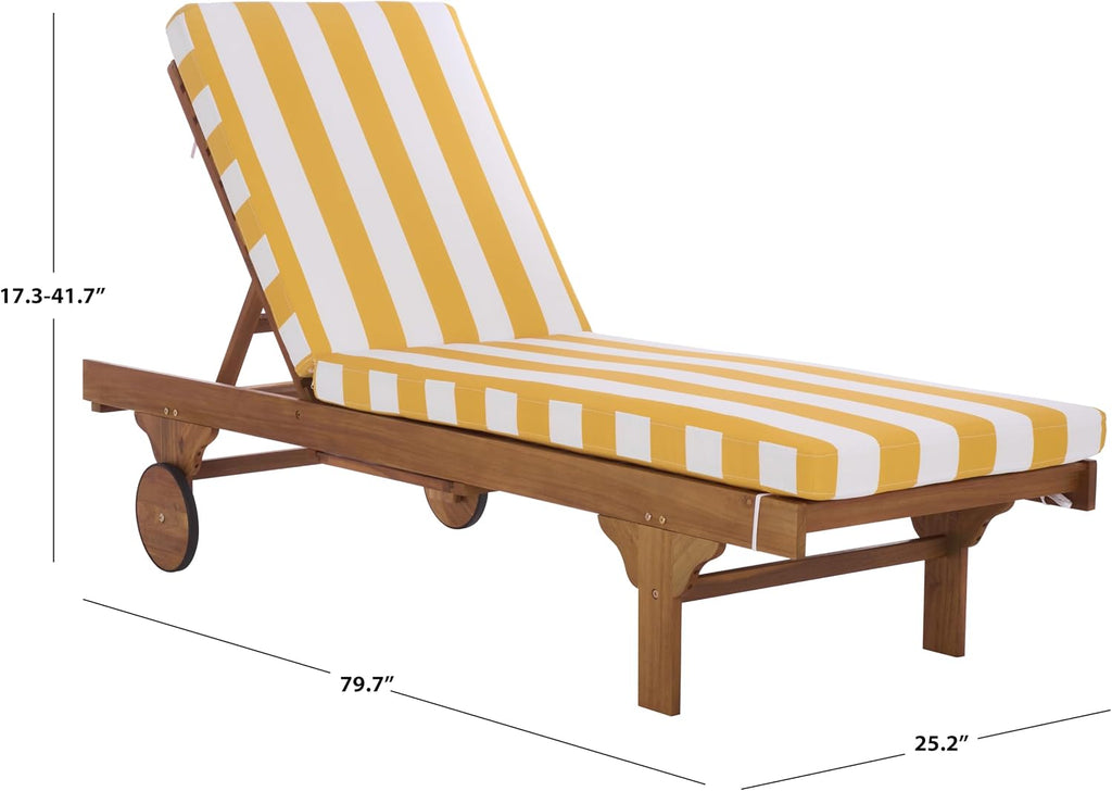 Outdoor Patio Furniture Collection - Newport Natural Solid Wood Chaise Lounge Chair with Yellow Stripe Cushion